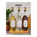 Rembox Ahşap Standlı 3'lü Gold Tıpalı Zeytinyağ Sirke ve Nar Ekşisi Seti 750ml Yağlık Şişesi Yağdanlık Set