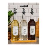 Rembox Ahşap Standlı 3'lü Gümüş Tıpalı Zeytinyağ Sirke ve Nar Ekşisi Seti 750ml Yağlık Şişesi Yağdanlık Set