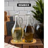 Rembox Bambu Standlı Kulplu Yağdanlık Seti - 500 ml Kristal Tıpalı Zeytinyağ Sirke Nar Ekşisi Şişesi - Şeffaf Ahşap