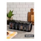 Rembox Yapışkanlı Standlı Baharatlık 6'lı Kaşıklı Kapaklı Baharatlık Takımı - Etiketli Baharatlık Set Siyah