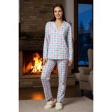 Remsa Kadın Ekose Desen Önü Düğmeli Suprem Pijama Takımı BEYAZ01 - Beyaz - Pembe - Mavi