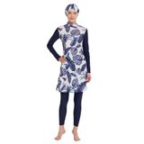 Remsa Mavi Yaprak Desenli Likralı Esnek ve Su İtici Kumaşlı Tesettür Mayo R900-105 (Lacivert, 3XL)
