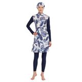 Remsa Mavi Yaprak Desenli Likralı Esnek ve Su İtici Kumaşlı Tesettür Mayo R900-105 (Lacivert, XL)
