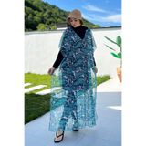 Remsa Mayo Kadın Tesettür Mayosu Üzerine Triko Örme Tek Kaftan Pareo, Çizgi Yaprak Desen, Ekru 430-T12 Çizgi Yaprak