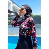 Remsa Mayo Kadın Yarım Fermuarlı Likralı Tam Kapalı Mayo R4501, Pembe Geometri, XL Beden R4501