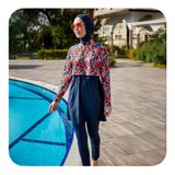Remsa Mayo R113 Batik Tesettür Mayo | Su İtici Özellikli Kadın Mayosu | Tam Kapalı 3'lü Yarım Fermuarlı (L), L
