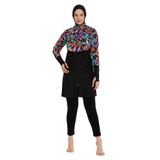 Remsa Siyah Renk Üzerine Renkli Desenli Önü Kapaklı Tam Kapalı Tesettür Mayo R105 Mercani (Siyah, 3XL)