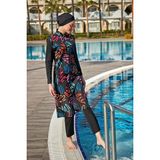 Remsa Tam Kapalı Mayo Kadınlar İçin Esnek Polyester Kumaşlı Renkli Desenli 4 Parça Set - Siyah