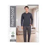 REN Erkek Üst Düz Alt Ekoseli Füme %100 Pamuklu Penye Pijama Takım, 3 Düğme Bisiklet Yaka Uzunkol Cep Detaylı