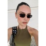 Ren Eyewear Ren Pantherline Çerçevesiz Dar Dikdörtgen Unisex Güneş Gözlüğü | UV400, Metal Kedi Başı Detay - Siyah
