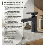 Rena Design Lavabo Bataryası Mat Siyah Lüks Ağır Gövde Prinç Banyo Su Tasarruflu Aç Kapa 2 Yıl Garantili Kare Sıcak Soğuk