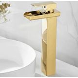 Rena Mat Gold Kare Çanak Lavabo Bataryası Şelale Model Uzun Yüksek Altın Lavabo Musluğu Çift Girişli Armatür