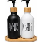 Renas Store 2’li Hands & Dishes Siyah Beyaz Cam Sabunluk Seti – Modern Minimalist Tasarım, 500 ml Kapasiteli, Bambu Standlı Dekoratif Mutfak & Banyo Sıvı Sabunluk Dispenser Seti