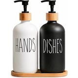 Renas Store 2’li Hands Dishes Siyah Beyaz Cam Sıvı Sabunluk Seti 500 Ml, Bambu Standlı Dekoratif Mutfak & Banyo Sabunluk Dispenser Seti Şık Modern Tasarım