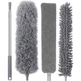 Renas Store 3 Başlıklı Teleskopik Mikrofiber Toz Alma Seti - 205 cm Uzayan Saplı, Esnek Bükülebilir Tavan ve Ulaşılması Zor Alan Temizlik Aparatı (Püskül, Makarna, Düz Başlık)