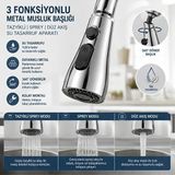 Renas Store 3 Fonksiyonlu Metal Musluk Başlığı – 360° Döner Tazyikli Spreyli Su Tasarruf Aparatı | Mutfak ve Banyo Musluk Ucu, Basınç Artırıcı Aeratör