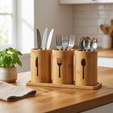 Renas Store Deconox 3'lü Doğal Bambu Kaşıklık Seti - Ahşap Standlı Tezgah Üstü Çatal Kaşık Bıçak Düzenleyici Şık Mutfak Organizeri (Stand: 33X13X2 Cm/kaşıklık: 10X12 Cm)