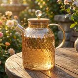 Renas Store Deconox Lusterli Borosilikat Cam Sürahi - Isıya ve Ateşe Dayanıklı, Bambu Kapaklı ve Kristal Kulplu Şık Sürahi (1.6 Litre)