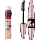 Renas Store Maybelline New York Instant Anti Age Eraser Kapatıcı - 01 Light & Lash Sensational Yelpaze Etkili Intense Black Maskara - Ekstra Siyah Makyaj Seti