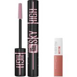 Renas Store Maybelline New York Lash Sensational Sky High Cosmic Black Maskara & Mini Super Stay Matte Ink Likit Mat Ruj 65 Seductress Makyaj Seti