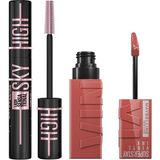 Renas Store Maybelline New York Lash Sensational Sky High Cosmic Black Maskara + Super Stay Vinyl Ink Uzun Süre Kalıcı Likit Parlak Ruj 15 Peachy Makyaj Seti