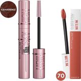 Renas Store Maybelline New York Lash Sensational Sky High Kahverengi Maskara + Super Stay Matte Ink Likit Mat Ruj, 70 Amazonian, Kahverengi