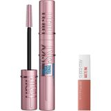 Renas Store Maybelline New York Lash Sensational Sky High Suya Dayanıklı Waterproof Maskara & Mini Super Stay Matte Ink Likit Mat Ruj 65 Seductress Makyaj Seti