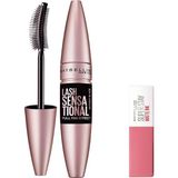 Renas Store Maybelline New York Lash Sensational Yelpaze Etkili Intense Black Maskara - Ekstra Siyah 9.5 ml & Mini Super Stay Matte Ink Likit Mat Ruj - 15 Lover Makyaj Seti
