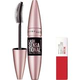 Renas Store Maybelline New York Lash Sensational Yelpaze Etkili Intense Black Maskara - Ekstra Siyah 9.5 ml & Mini Super Stay Matte Ink Likit Mat Ruj 20 Pioneer Makyaj Seti