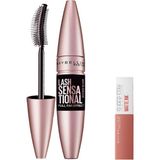 Renas Store Maybelline New York Lash Sensational Yelpaze Etkili Intense Black Maskara - Ekstra Siyah 9.5 ml & Mini Super Stay Matte Ink Likit Mat Ruj 65 Seductress Makyaj Seti