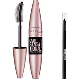 Renas Store Maybelline New York Lash Sensational Yelpaze Etkili Intense Black Maskara - Ekstra Siyah 9.5 ml & Mini Tattoo Liner Gel Pencil Makyaj Seti