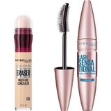 Renas Store Maybelline New York Lash Sensational Yelpaze Etkili Suya Dayanıklı Siyah Maskara & Instant Anti Age Eraser Kapatıcı - 00 Ivory Makyaj Seti