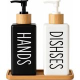 Renas Store Minimalist Bambu Tepsili Siyah Beyaz Sabunluk ve Deterjan Dispenser Seti, Mutfak, Banyo ve Lavabo Için Şık, Dayanıklı, Kaymaz Tabanlı, Geniş Ağızlı, Kolay Dolumlu Sıvı Sabunluk & Bulaşık Deterjan Şiş