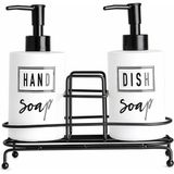 Renas Store Modern Beyaz Cam Sıvı Sabunluk Seti 2 Li Metal Standlı El Sabunu ve Bulaşık Deterjanı Için Ideal Çift Dispenser Şık Görünüm Kolay Kullanım ve Dekoratif Tasarım