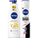 Renas Store Nıvea Kadın Sprey Deodorant Black&white Clear 150ML, Q10 Sıkılaştırıcı ve Nemlendirici Vücut Losyonu 400ML