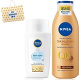 Renas Store Nıvea Sun Hafif Dokulu Yüz Kremi 40ML SPF50 ve Q10 Sıkılaştırıcı Bronzluk Vücut Losyonu 200ML,ÇANTA Hediye