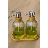 Renas Store Zbern 2’li Cam Sıvı Sabunluk Seti – Füme Renk, 300 ml Şeffaf Cam Gövde, Doğal Bambu Başlık ve Stand – Modern Pompalı Dispenser – Banyo, Mutfak ve Lavabo Üstü Kullanım Için Uygun