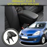 Renault Clio 3 2007-2013 Uyumlu Kol Dayama ve Kolçak Sürgülü Bardaklıklı Ayarlanabilir Siyah Deri