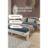 Renazzo Mobilya Damla 2'li Başlıklı Doğal Masif Ahşap Karyola ve Iki Adet Komodin Seti - Kademeli Başlık Tasarımlı - Beyaz - 200 x 200 cm