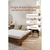Renazzo Mobilya Damla Model 2 Başlıklı Masif Ahşap Karyola ve 2 Adet Komodin Kolay Kurulum Fırınlanmış Ithal Sibirya Çamı 200X200 Yatak Uyumlu 2 Adet Komodin - Ceviz - 200 x 200 cm