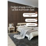 Renazzo Mobilya Lotus New Model Masif Çam Karyola ve 2 Adet Komodin Seti- Modern Yatak Odası Takımı - Doğal - 90 x 190 cm