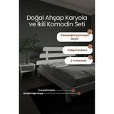 Renazzo Mobilya Lotus x New Model Masif Çam Karyola ve 2 Adet Komodin Seti - Modern Yatak Odası Takımı - Beyaz - 90 x 190 cm