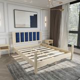 Renazzo Mobilya Orion Model 120x200 cm Lacivert Puflu Başlıklı Doğal Çam Ahşap Karyola