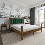 Renazzo Mobilya Orion Model 90x190 cm Zümrüt Yeşili Puflu Başlıklı Ceviz Renk Çam Ahşap Karyola