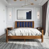 Renazzo Mobilya Orion Model Lacivert Renk Puflu Başlıklı Ceviz Renk Çam Ahşap Karyola Ve İki Komodin Set 120x200 cm