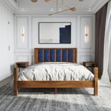 Renazzo Mobilya Orion Model Lacivert Renk Puflu Başlıklı Ceviz Renk Çam Ahşap Karyola Ve İki Komodin Set 140x190 cm