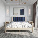 Renazzo Mobilya Orion Model Lacivert Renk Puflu Başlıklı Doğal Çam Ahşap Karyola Ve İki Komodin Set 120x200 cm