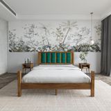 Renazzo Mobilya Orion Model Zümrüt Yeşili Puflu Başlıklı Ceviz Renk Çam Ahşap Karyola Ve İki Komodin Set 200x200 cm