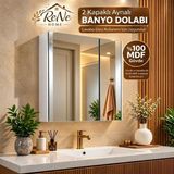 Rene Home Lüks 2 Kapaklı Aynalı Banyo Dolabı 60X65 cm %100 Mdf Gövde Suya ve Neme Dayanıklı Lavabo Üstü Duvar Tipi - Beyaz
