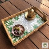 Renesse Home Wajid El Yapımı Kulplu Sedefli Rattan Tepsi – Sunum ve Dekoratif Servis Tepsisi (23x33cm)